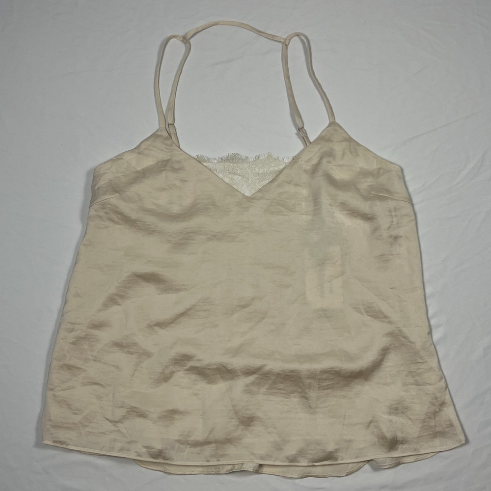 LUSH Silky Lace Camisole Size L Ivory Lined V-Neck Adjustable Strap Tank Top NWT